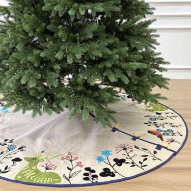 Imagem de Saia de linho para árvore de Natal de 152 cm com criaturas bordadas da floresta e acabamento marinho, fecho de botão, bege