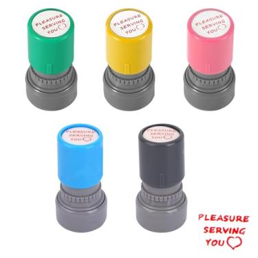 Imagem de 5 carimbos para servir você para prazer, carimbos de servidor de tinta própria para trabalho de serviço, materiais de papelaria para professores e escritório para cheques (rosa, amarelo, cinza, azul