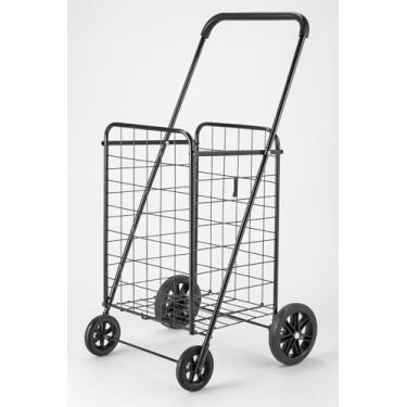 Imagem de J&V TEXTILES Carrinho de compras dobrável com cestas duplas, rodas giratórias de 360°, carrinho utilitário resistente para lavanderia e mercearia, capacidade de 50 kg (preto)