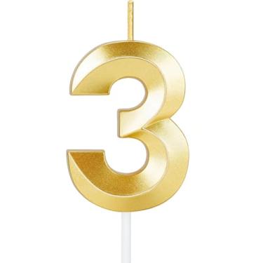Imagem de Vela de aniversário número 3 dourada, cera metálica, decoração de bolo de aniversário e festa de aniversário