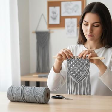 Imagem de Cordão de macramê 3 mm x 100 jardas corda de algodão colorido para pendurar na parede, decoração de casa, cabides de plantas (cinza claro)