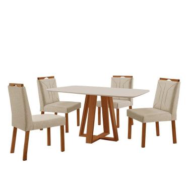 Imagem de Conjunto Sala De Jantar Mesa Floripa 140x80cm Off White Com 4 Cadeiras Luna Linho Bege