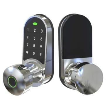 Imagem de Fechadura de maçaneta inteligente com teclado, fechadura de impressão digital de entrada sem chave para porta da frente, maçaneta de porta com código eletrônico, níquel acetinado