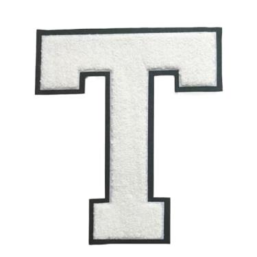 Imagem de 1 Patch de letra de chenille de ferro branco de 16,5 cm com borda preta – Remendos do alfabeto para roupas, jaquetas, mochilas, chapéus para decoração personalizada, nome personalizado e artesanato