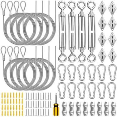 Imagem de WHIFUTENS 105 peças de kit de ferragens de toldo para jardim ao ar livre, conjunto de acessórios de sombra de aço inoxidável 304 inclui corda de arame, tensor, parafuso, gancho de pressão, olhal de