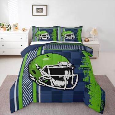 Imagem de Jogo de cama solteiro, futebol americano, cidade, futebol, esporte, bola, capacete de rúgbi, jogos competitivos, esporte europeu, enchimento de edredom, azul, verde (Seattle)