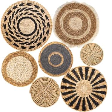 Imagem de Conjunto de 7 cestas de parede boho, alga marinha, vime, boho, decoração de parede, decoração de cesta, arte redonda ecológica para casa de fazenda, quarto, sala de estar, mesa, cozinha, casa, (preto
