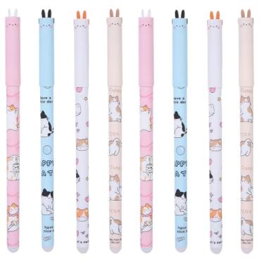 Imagem de MOZXIRZ 8 canetas de gel apagáveis fofas de desenho animado gato caneta apagável 0,5 mm tinta preta caneta de escrita lisa kawaii gatinho canetas apagáveis para mulheres meninas meninos material de