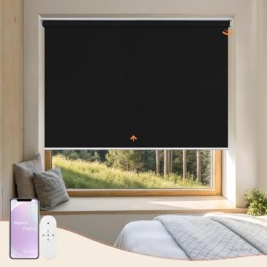 Imagem de Heefen Persianas motorizadas com controle remoto de aplicativo blackout para janelas internas (textura lisa preta, 66 cm L x 182 cm A)