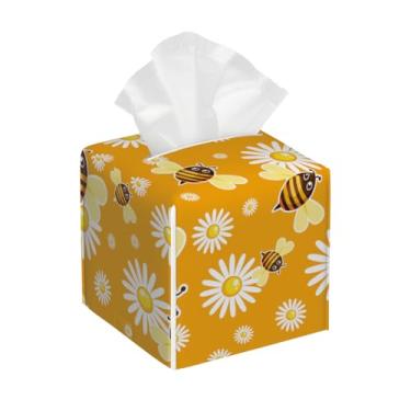 Imagem de Suporte quadrado de couro para caixa de lenços de papel, impermeável, com estampa de margarida de abelha, fofo, organizador de papel facial com cinto inferior, estojo de lenços para mesa, banheiro