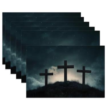 Imagem de Jogo americano de pano, jogo americano de tecido cruz de madeira, conjunto de 6, tapetes de mesa laváveis para Páscoa, tapetes decorativos para jantar, casa, cozinha, festas de fim de ano, 29 x 44 cm