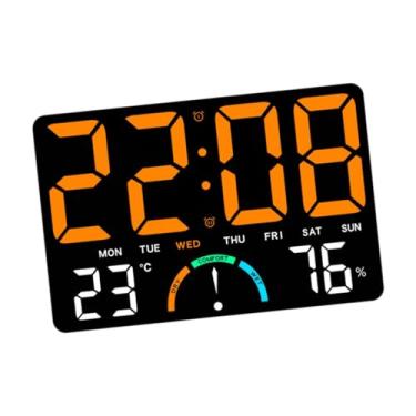 Imagem de MotiveTech Relógio de parede LED moderno com indicador digital de temperatura e umidade, ideal para adultos, escritório ou mesa de cabeceira, Laranja