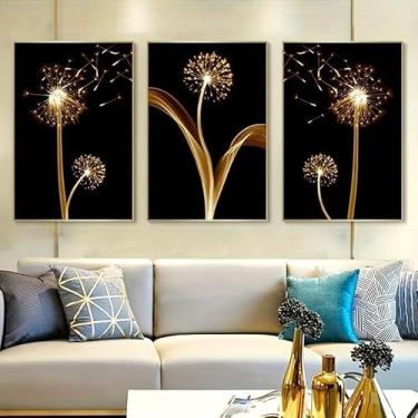 Imagem de 3 peças de arte de dente-de-leão dourado 20 x 30 cm arte de parede para casa moderna, escritório, sala de estar, decoração de quarto, pôster de tela sem moldura arte de parede
