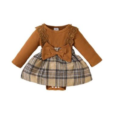 Imagem de Macacão De Manga Longa Em Xadrez Para Bebês Meninas Com Faixa De Cabel
