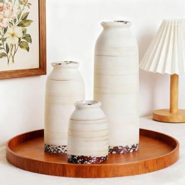 Imagem de NEBRYX Conjunto de 3 vasos de cerâmica – vasos decorativos feitos à mão para centros de mesa de sala de estar boêmio, decorações de entrada, mesa de café, estante de livros, lareira