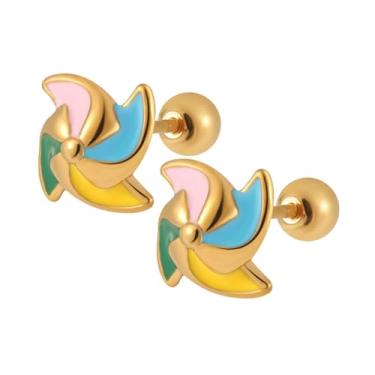 Imagem de Kokoma Brincos de hélice de moinho de vento coloridos 20G para mulheres, brincos de cartilagem piercing de parafuso nas costas Daith Conch Tragus piercing joias de aço inoxidável