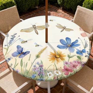 Imagem de Yesad Toalha de mesa redonda para uso ao ar livre com orifício para guarda-chuva, toalha de mesa com zíper e borda elástica, capa de toalha de mesa à prova d'água para piqueniques, serve para mesa