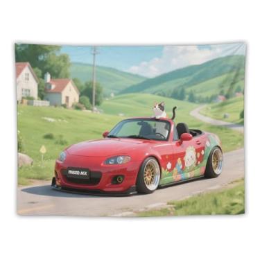 Imagem de HouLaiZhe JDM Tapeçaria de carro anime japonês S2000 fofo gato chita pendurar na parede quarto decoração de casa tapeçarias estética piquenique decoração de parede arte de parede para dormitório sala