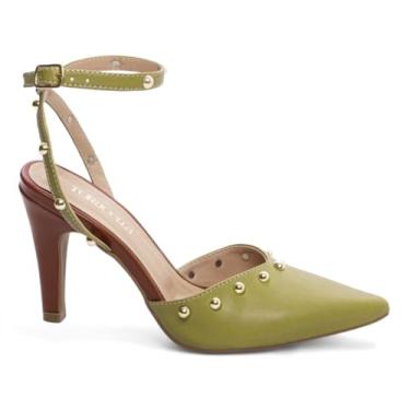 Imagem de SAPATO SCARPIN FEMININO TORRICELLA NAPA VERDE E CARAMELO APLIQUES E FIVELA NA COR DOURADO, NÚMERO 38