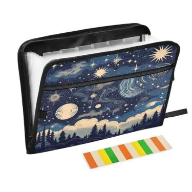 Imagem de Wassud Estrelas e lua com nuvens 13 bolsos organizador de arquivos sanfonado pastas de arquivos expansíveis com abas e adesivos, tamanho carta A4 papel recibo documento pasta organizador para viagens