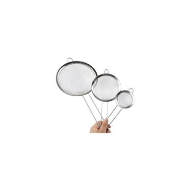 Imagem de Peneira de Cozinha em Aço Inox, 18cm Diâmetro, 32,5cm Altura, Malha Fina, com Cabo Longo e Apoio Lateral