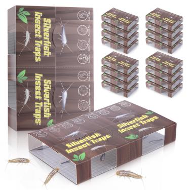 Imagem de 40 armadilhas para insetos Silverfish, 20 folhas de armadilhas para peixes prateados internos para casa, matador de centopéia de formigas não tóxicas com design de grão de madeira e isca para insetos
