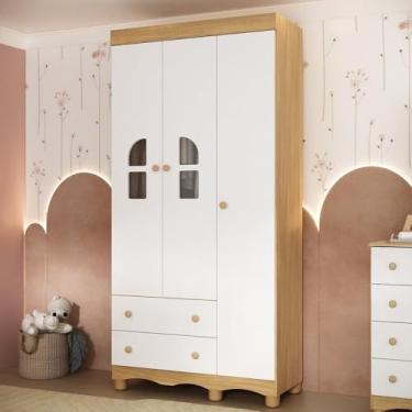 Imagem de Guarda-roupa Infantil 92cm com Vidro 3 Portas e 2 Gavetas Aurora Multimóveis Mp4497 Madeirado/branco