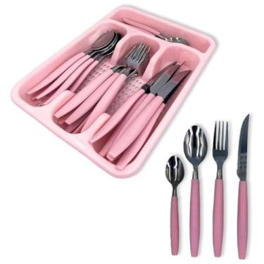 Imagem de Conjunto de Talheres 25 Peças com Organizador, Rosa, Aço Inoxidável, 6 Facas 6 Garfos 6 Colheres de Mesa 6 Colheres de Sobremesa, Porta Talher Incluído, Moderno
