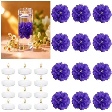 Imagem de UDU 24 velas flutuantes para centros de mesa e flores flutuantes para centros de mesa, cabeça de flor artificial para casa, aniversário, festa de casamento, decoração de mesa, roxo