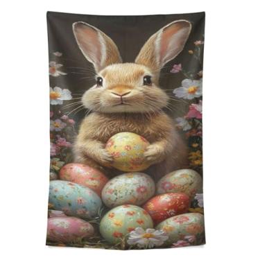 Imagem de STAYTOP Tapeçaria de parede de ovos de Páscoa e coelhinho para decoração de casa, decoração de dormitório, sala de estar, quarto, tapete de parede (90 × 60 pol)