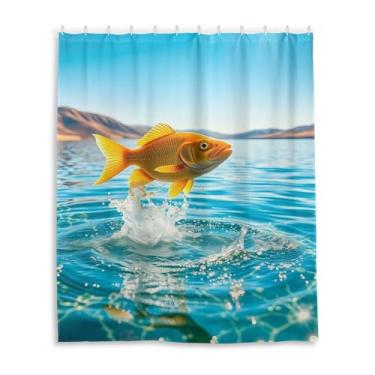 Imagem de Burbuja Cortina de chuveiro para banheiro, peixe dourado pulando da água, impermeável, lavável, cortina de banho para hotéis domésticos com 12 ganchos, 152 x 183 cm
