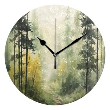 Imagem de BOESI Relógio de parede com padrão de floresta em aquarela, relógio de parede redondo silencioso, 25 cm, decoração de casa, para sala de estar, cozinha, quarto