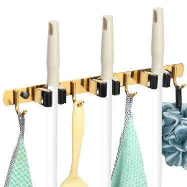 Imagem de BLAGAIN 3 prateleiras e 4 ganchos resistentes, suporte de parede para esfregão e vassoura, organizador antiderrapante para garagem, cozinha, armário, lavanderia, jardim. Ouro