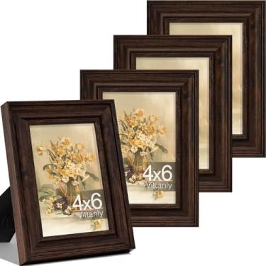 Imagem de Vittanly Conjunto de 4 porta-retratos 10 x 15 cm, moldura vintage para parede ou mesa, exibição de fotos de 9 x 12 cm com tapete ou 10 x 15 cm sem tapete, decoração de casa de fazenda rústica, marrom