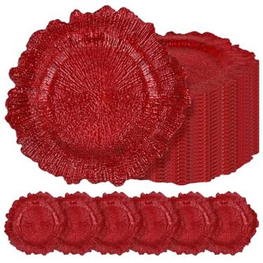 Imagem de Teruntrue 24 placas carregadoras vermelhas a granel de 33 cm, placas de carregamento de plástico para prato de jantar, carregadores vermelhos para configuração de mesa, placa de design de recife