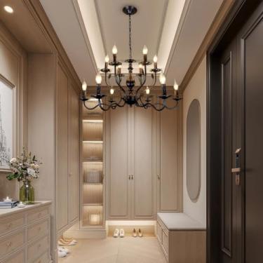 Imagem de Lustre Vintage de Fazenda com Vela E14, Luminária Pendente Francesa Antiga em Ferro Forjado Preto, Altura Ajustável, Ideal para Cozinha, Ilha, Restaurante, Bar, Café e Decoração.