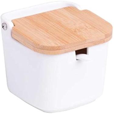 Imagem de Saleiro ceramica com tampa bambu e colher para temperos, duravel, domestico.