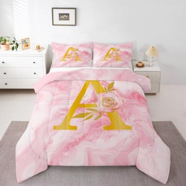 Imagem de jejeloiu Conjunto de edredom de arte abstrata de mármore, solteiro, simples, moderno, para crianças, meninos, meninas, rosa, alfabeto, letra inicial, rosa, 2 peças com 1 fronha