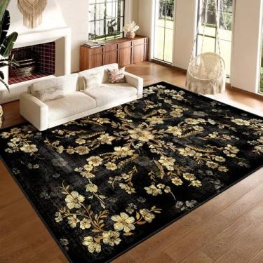 Imagem de Castage Tapetes florais pretos grandes, 22,5 x 30,5 cm, lavável para sala de estar, quarto, sala de jantar, boêmio, vintage, casa de fazenda, envelhecido, oriental, antiderrapante, flores douradas