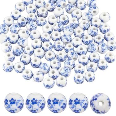 Imagem de 120 peças de contas de cerâmica, contas redondas de porcelana de 10 mm feitas à mão porcelana azul flor impressa espaçador contas artesanato kit de contas para fabricação de joias, artesanato faça