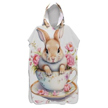 Imagem de Poncho de surfe trocador de roupão para banho de praia Adul toalhas com capuz plus size ponchos femininos com capuz aquarela coelho xícara de chá flores