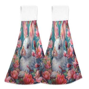 Imagem de Toalhas de mão de mola de flor rosa coelho branco com laço para pendurar toalhas de dedo de forno absorventes macias conjunto de 2, decoração de banheiro de cozinha fofa personalizada 18,2 x 14