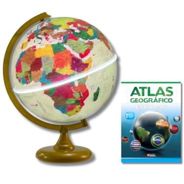 Imagem de GLOBO TERRESTRE FÍSICO HISTÓRICO LUMINOSO BASE OURO VELHO 30CM + ATLAS GEOGRÁFICO