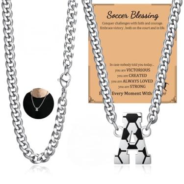 Imagem de NUKAYAI Colar de futebol com letra A a Z para homens, pingente de pingente de aço inoxidável, corrente de prata, acessórios de joias, material de 50,8 cm, colares personalizados, presentes de futebol