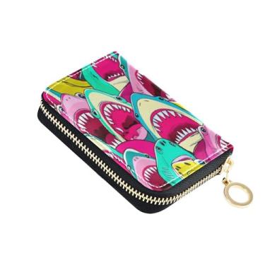 Imagem de Carteira feminina com porta-cartões com bloqueio de RFID, carteira de couro pequena com zíper, desenho animado e tubarões em aquarela