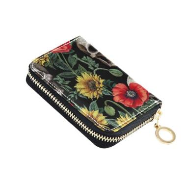 Imagem de GAIGEO Carteiras femininas com bloqueio de RFID para cartões de crédito com zíper e caveiras engraçadas e flores