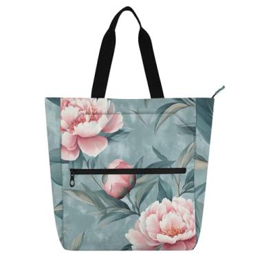 Imagem de Chic Peony Bolsa de ombro floral rosa para mulheres crianças com zíper trabalho, escola, viagem, bolsa de ombro reutilizável para amantes de livros