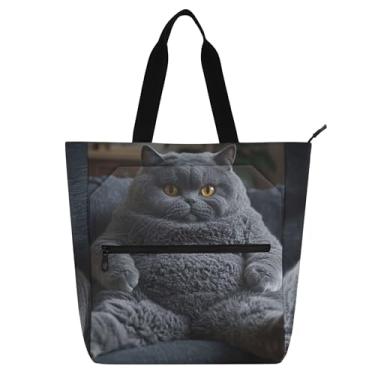 Imagem de GAIGEO Bolsa feminina com estampa de gato cinza de pelo curto britânico Chubby Kids School Book Work com zíper