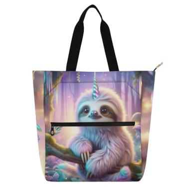 Imagem de GAIGEO Bolsa feminina unicórnio preguiça de trabalho de lona escolar com zíper bolsa carteiro com compartimentos