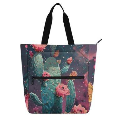 Imagem de GAIGEO Fantastic Cactus Pink Flowers Work Tote Bag for Women Canvas Zipper Tote Bolsa de praia reutilizável para amantes de livros